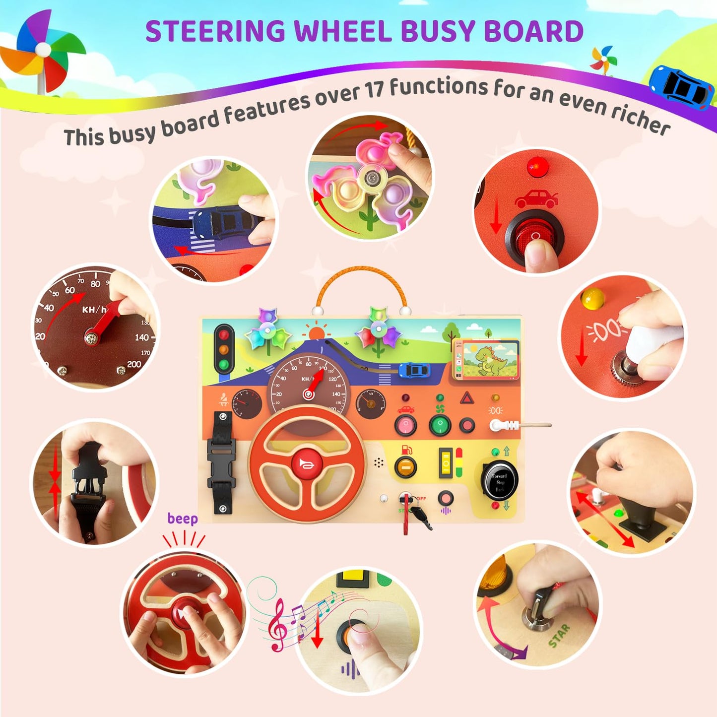 UdoUto Montessori Busy Board – Steering Wheel Car Toy for Toddlers 1-3