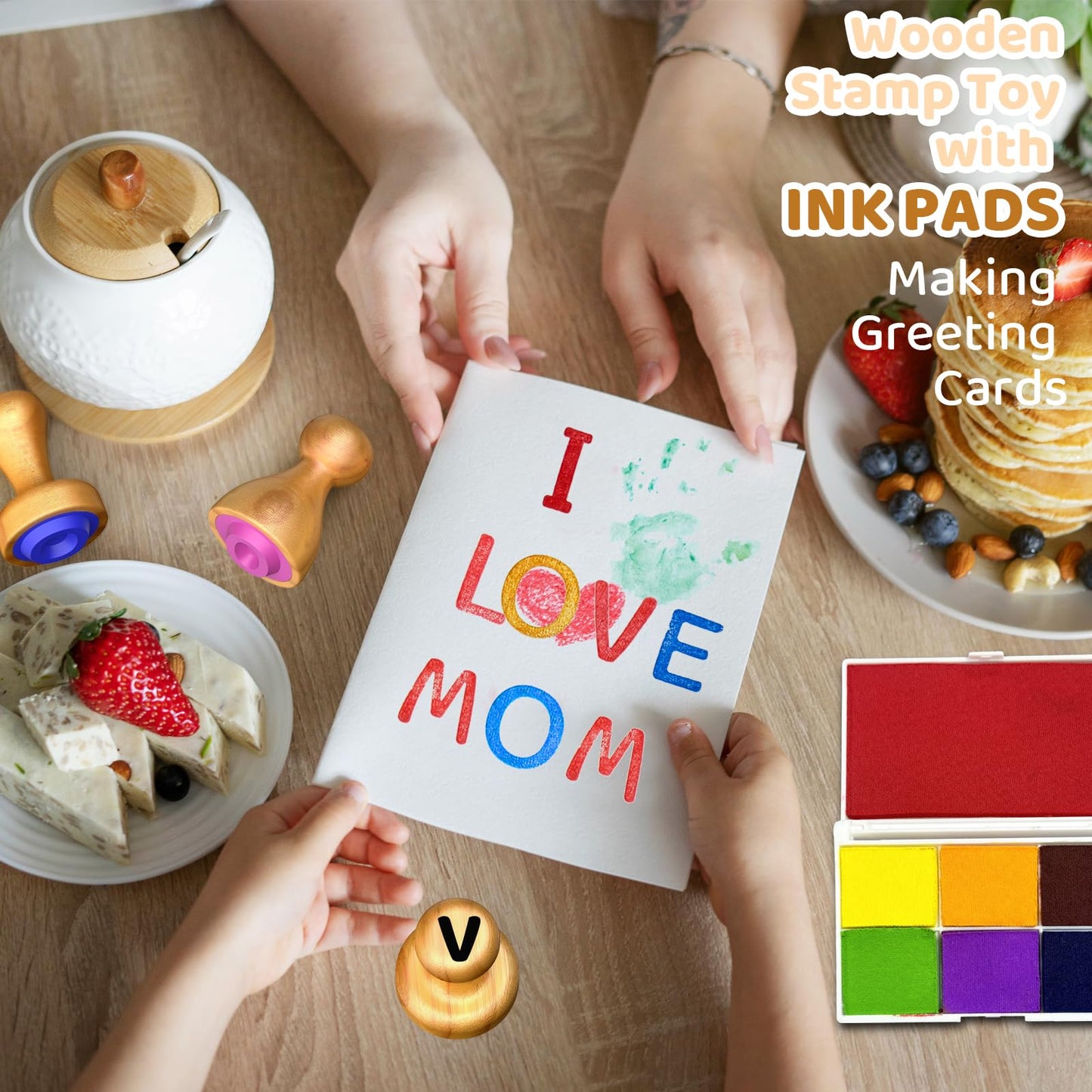 UdoUto Wooden Alphabet & Number Stampers Set with 7-Color Ink Pads | ABCs & 123s Learning