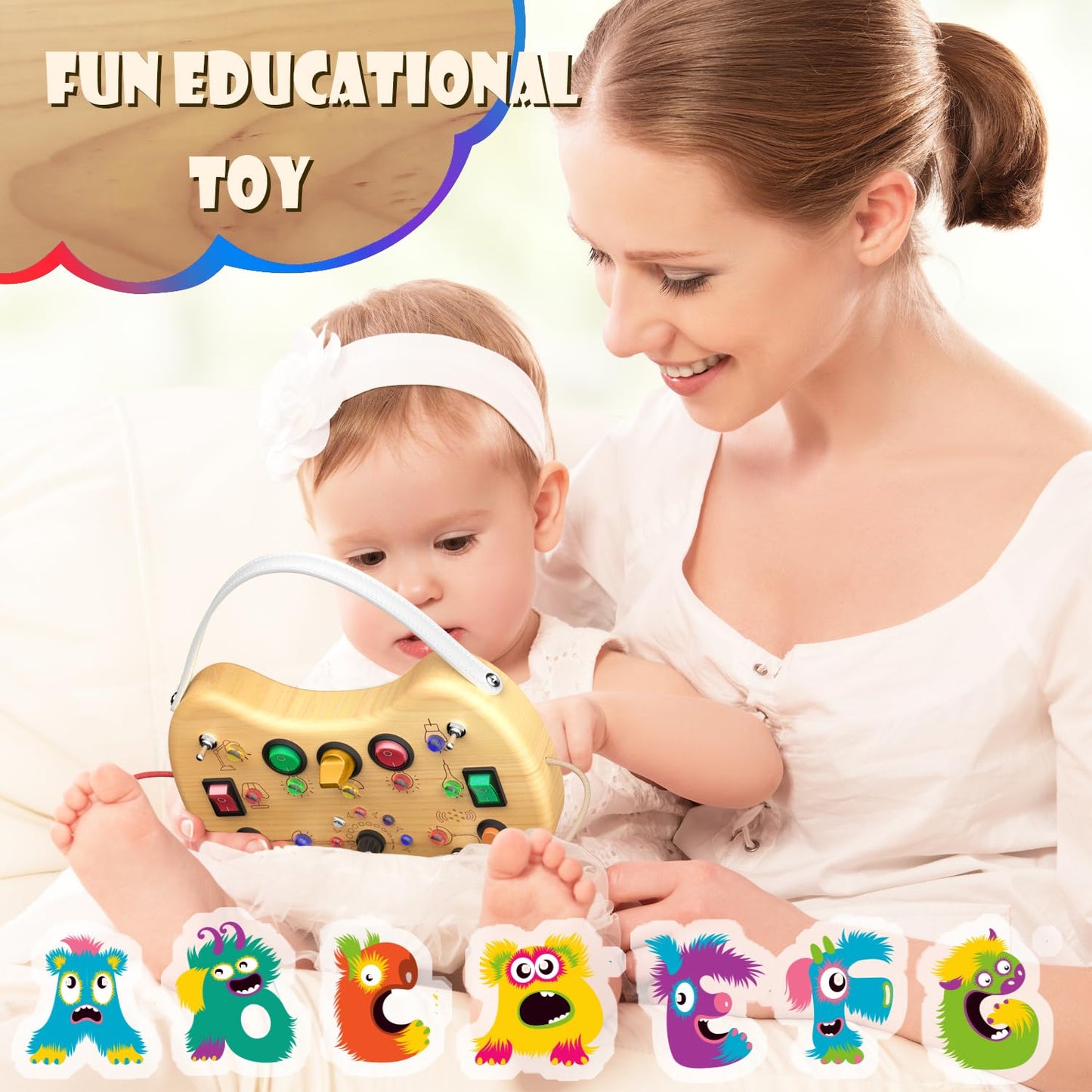UdoUto Toddler Busy Board with LED Light Up Switch — Montessori Wooden Travel Toy for 1-3 Year Olds