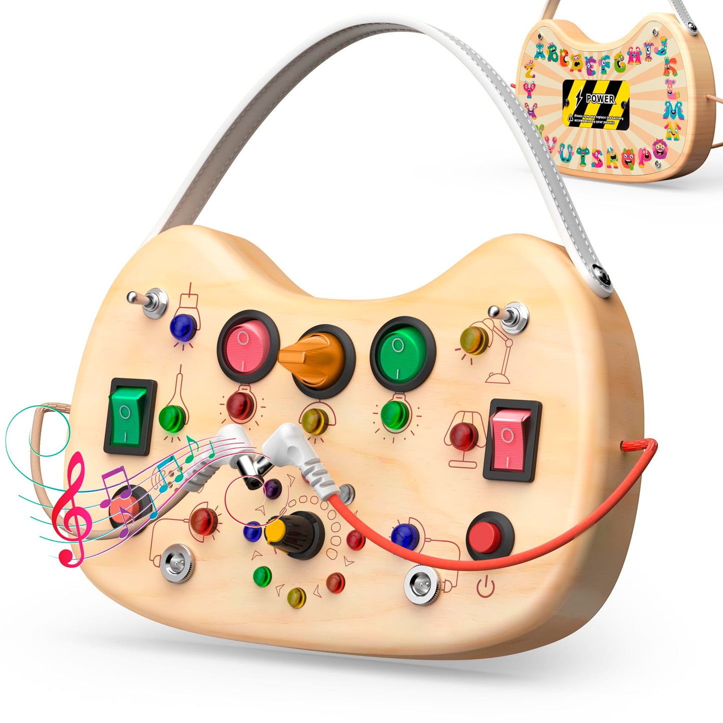 UdoUto Toddler Busy Board with LED Light Up Switch — Montessori Wooden Travel Toy for 1-3 Year Olds
