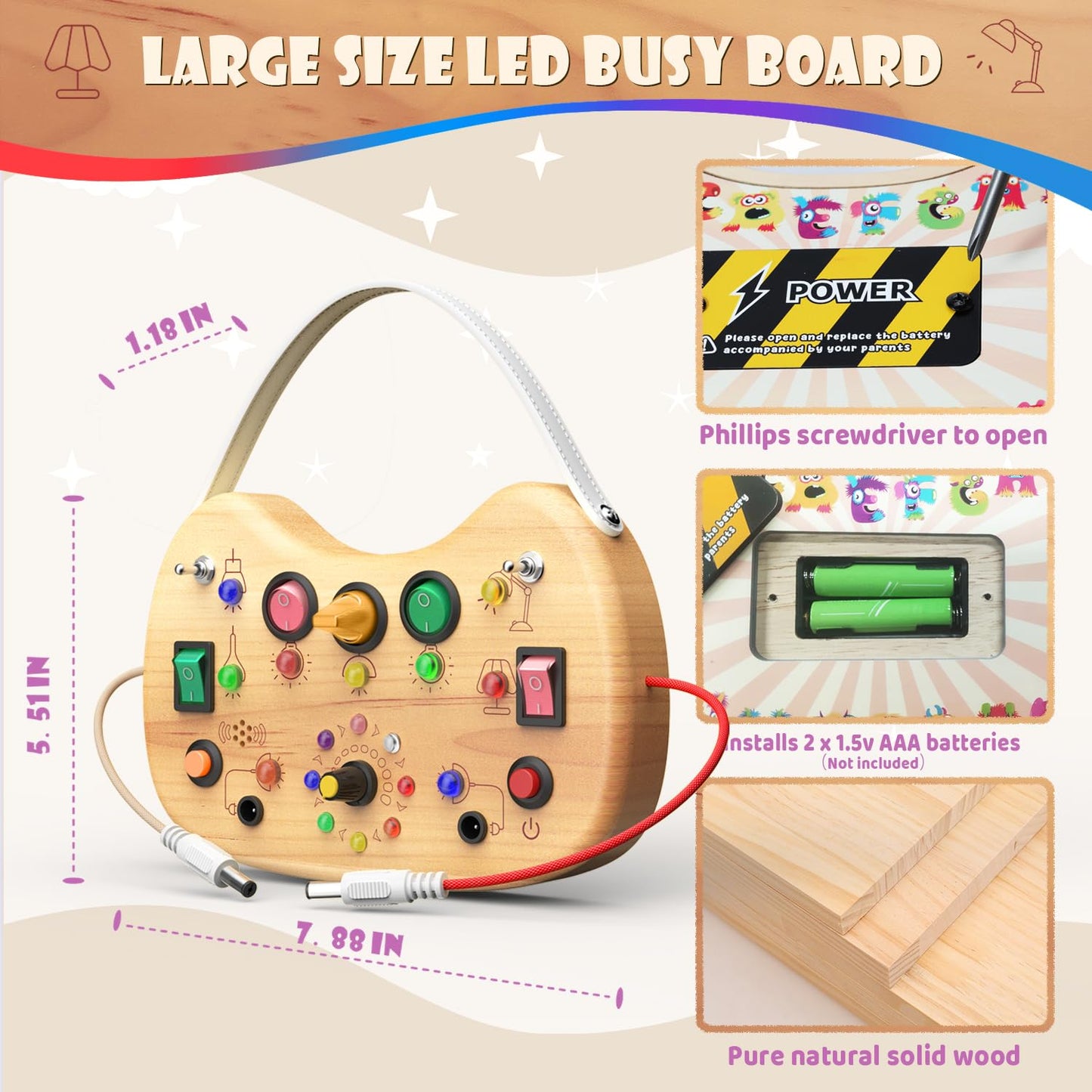 UdoUto Toddler Busy Board with LED Light Up Switch — Montessori Wooden Travel Toy for 1-3 Year Olds