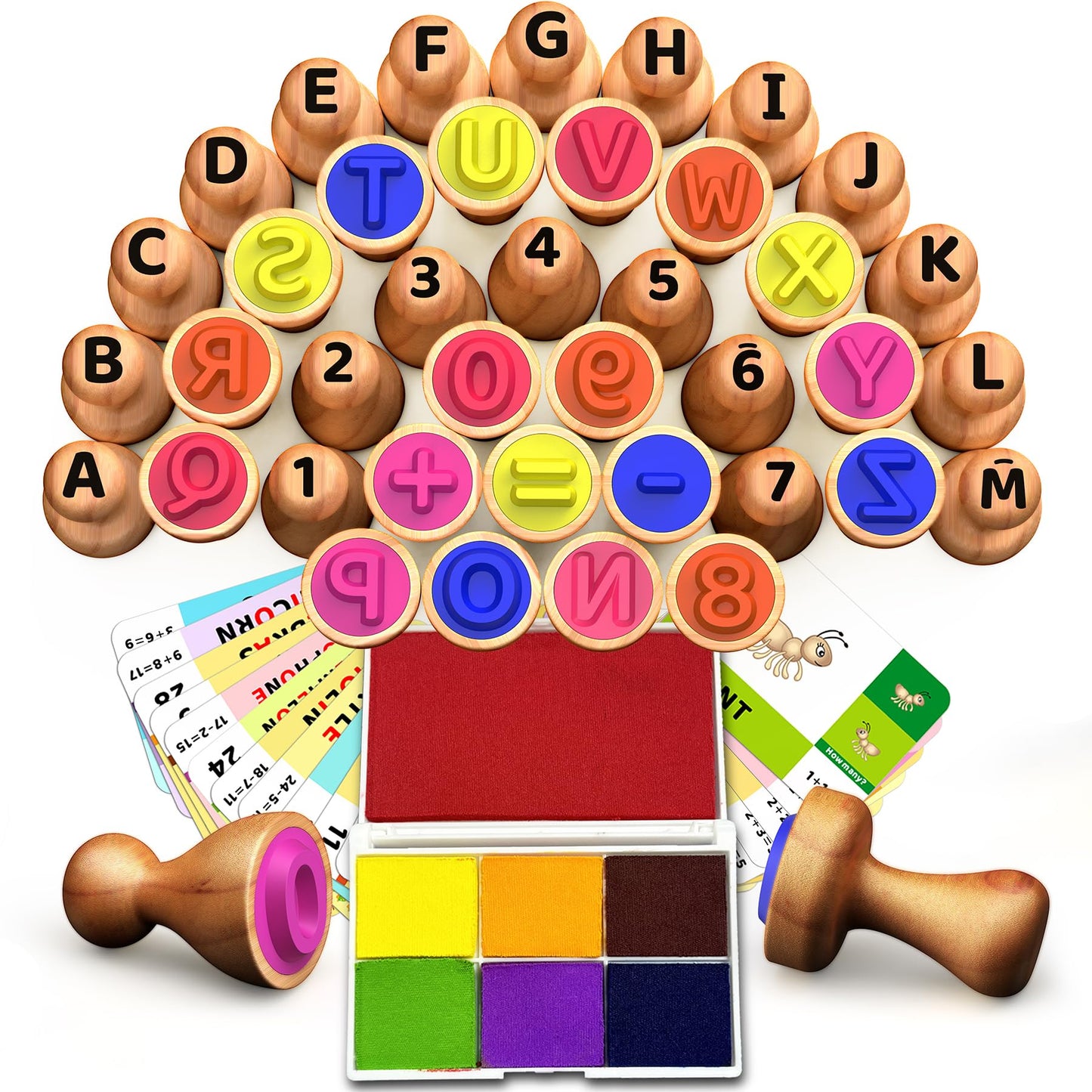 UdoUto Wooden Alphabet & Number Stampers Set with 7-Color Ink Pads | ABCs & 123s Learning