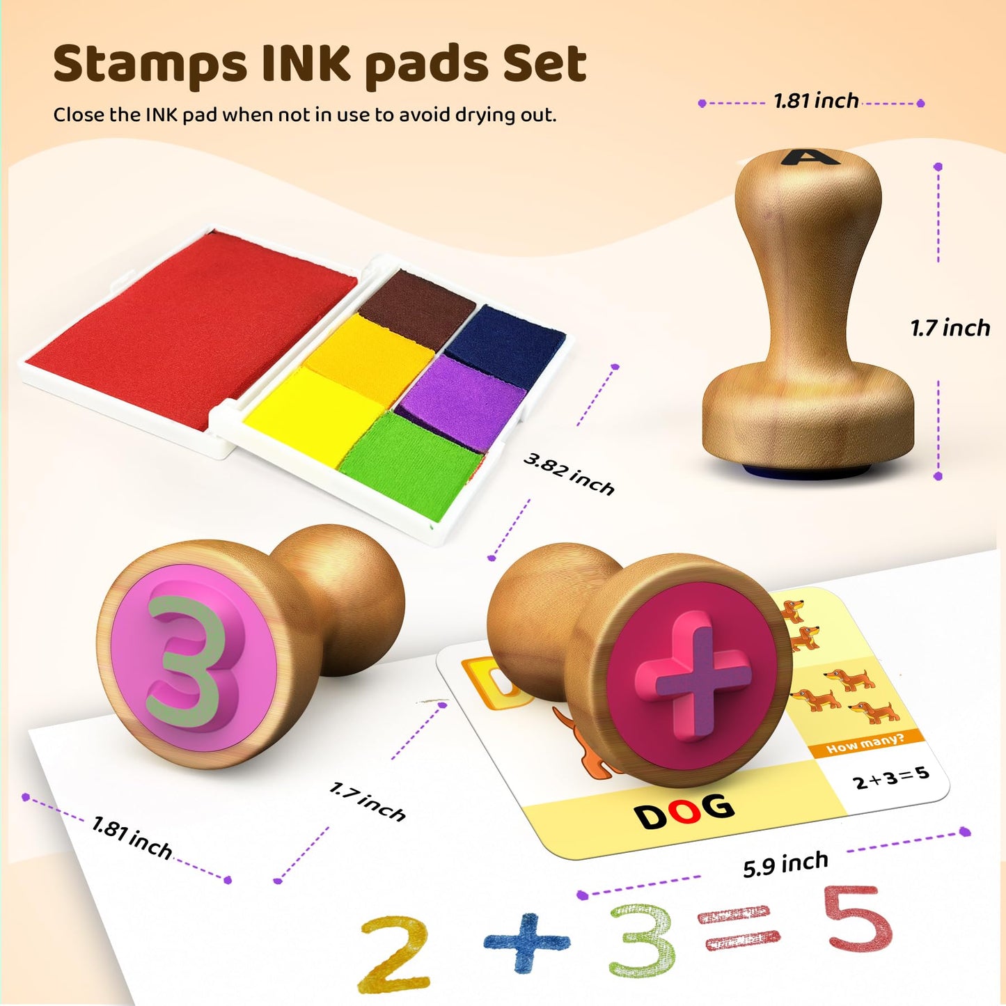 UdoUto Wooden Alphabet & Number Stampers Set with 7-Color Ink Pads | ABCs & 123s Learning