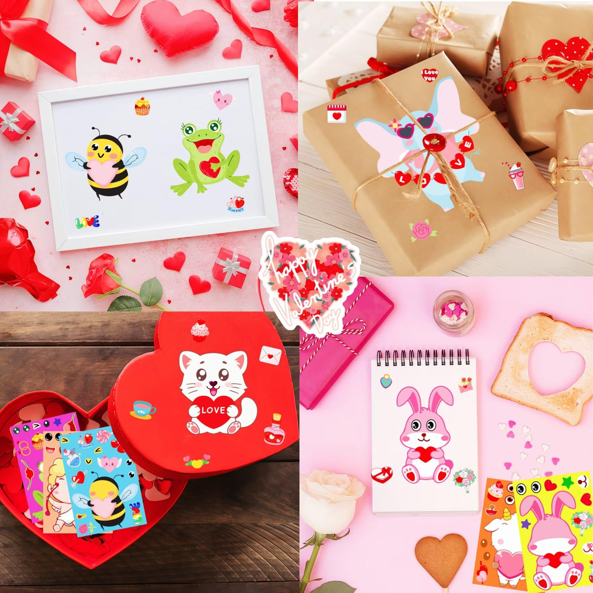 UDTAATO 48 Sheets Valentine Sticker Set – 12 Designs, Waterproof & Easy to Peel for Kids