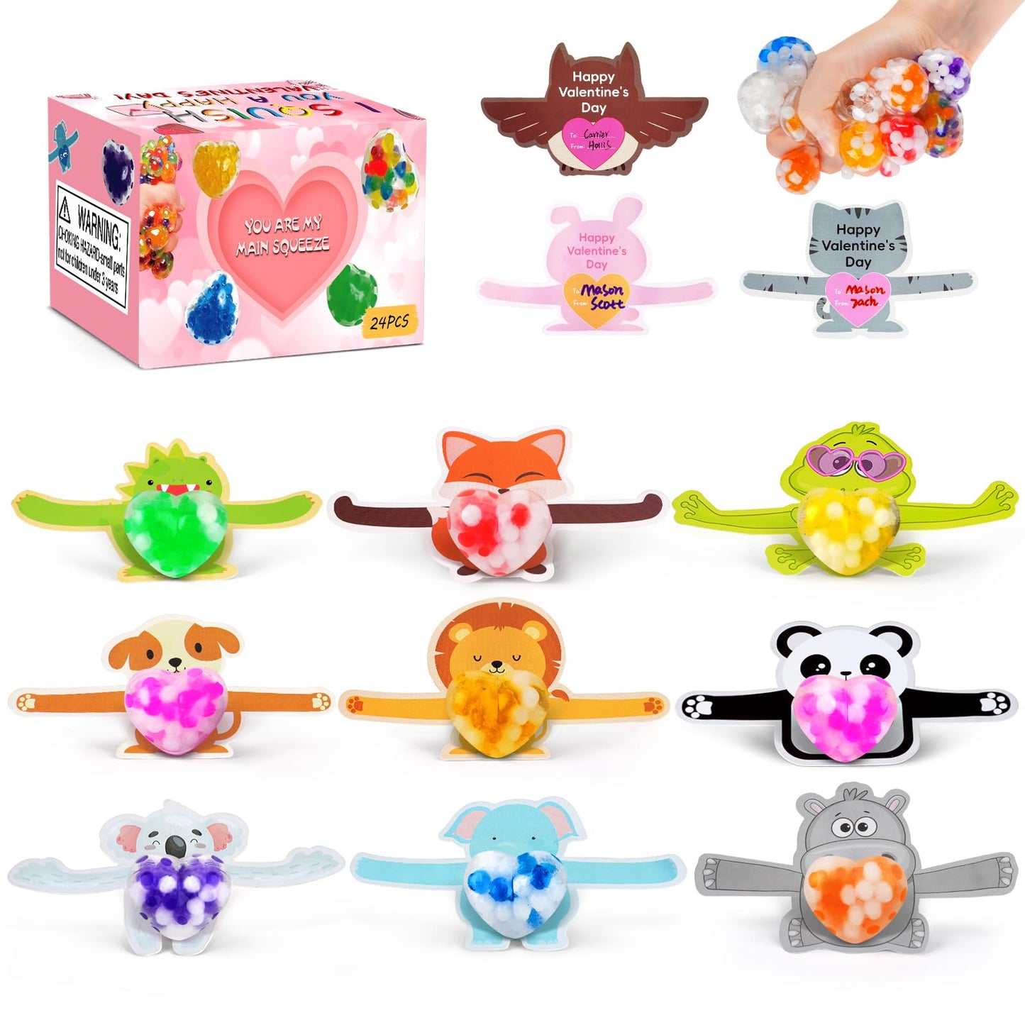 UDZRL 24-Pack Valentines Heart Stress Balls with Cards | Bulk Fidget Toys