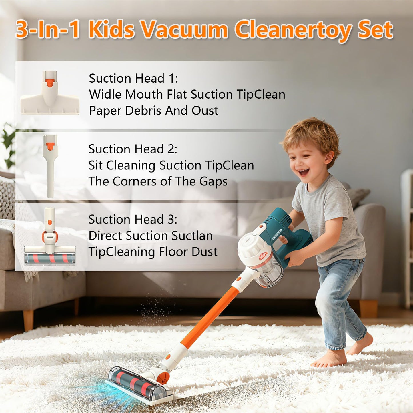 uehjxb Kids Vacuum Toy Set – 3-in-1 Working Suction Toy Vacuum for Realistic Play (Blue)
