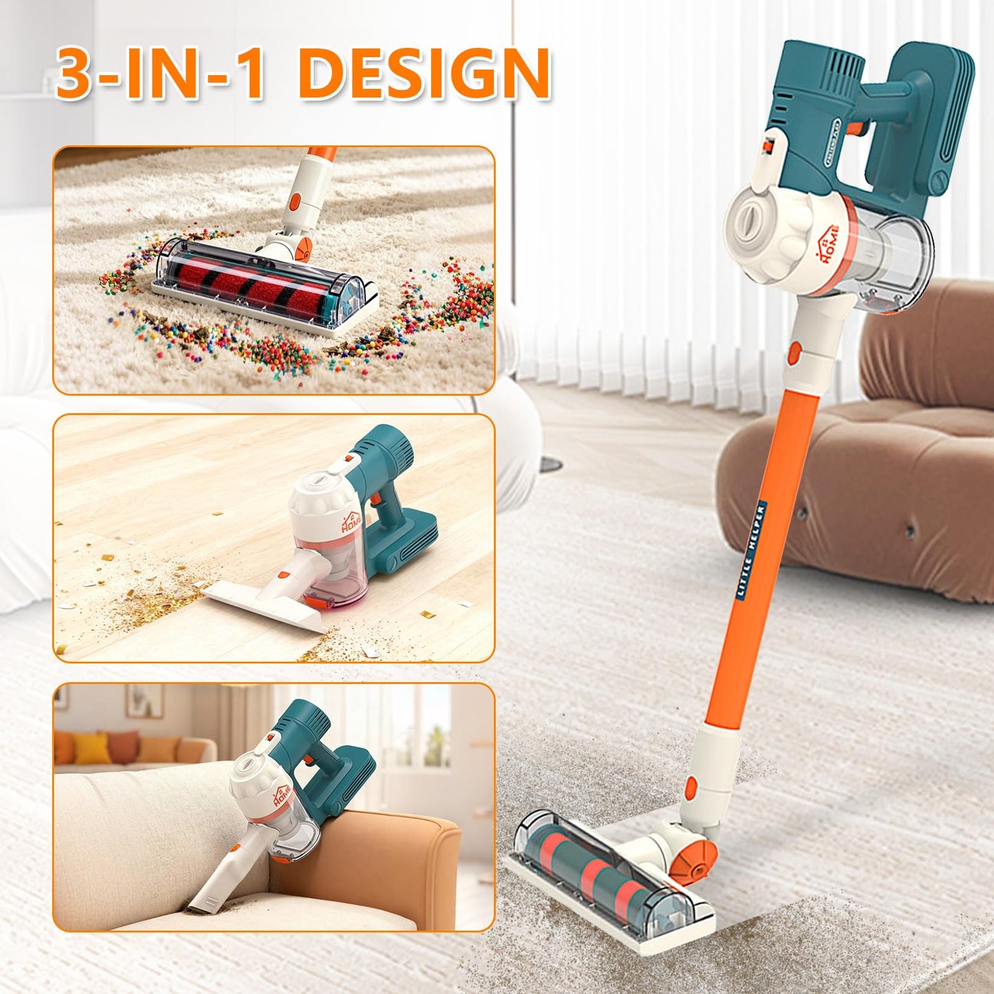 uehjxb Kids Vacuum Toy Set – 3-in-1 Working Suction Toy Vacuum for Realistic Play (Blue)