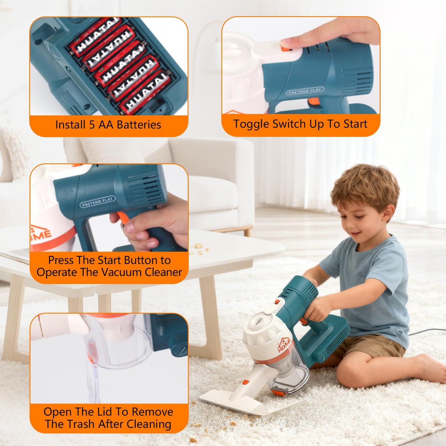 uehjxb Kids Vacuum Toy Set – 3-in-1 Working Suction Toy Vacuum for Realistic Play (Blue)