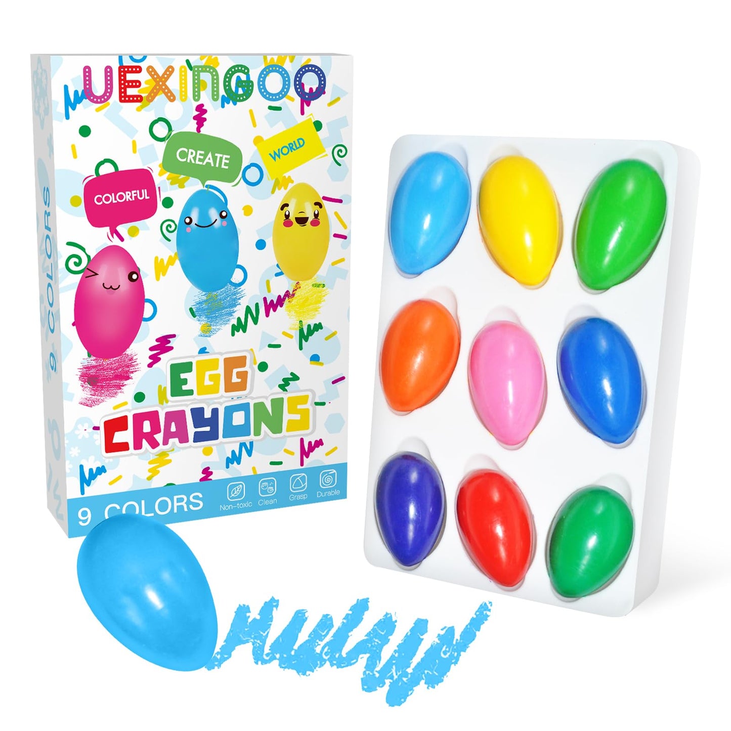 UEXINGOO 9-Color Egg Shaped Crayons – Washable, Easy-Grip for Toddlers