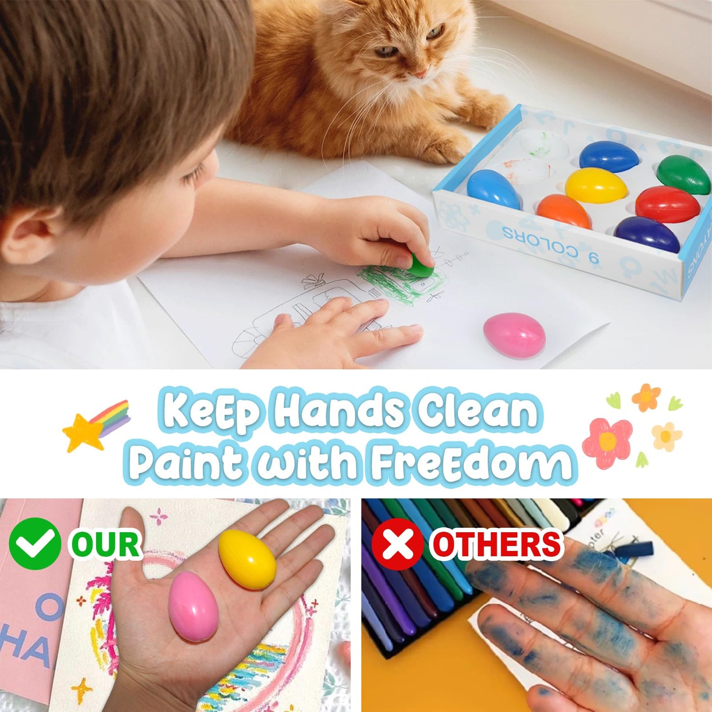 UEXINGOO 9-Color Egg Shaped Crayons – Washable, Easy-Grip for Toddlers