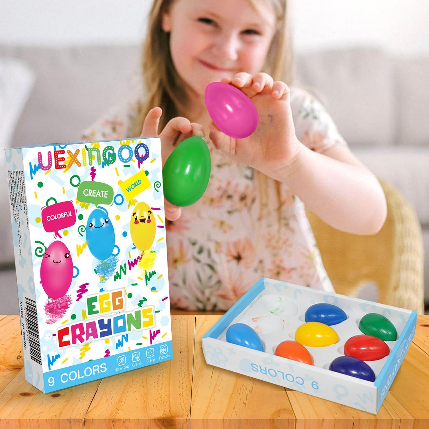 UEXINGOO 9-Color Egg Shaped Crayons – Washable, Easy-Grip for Toddlers