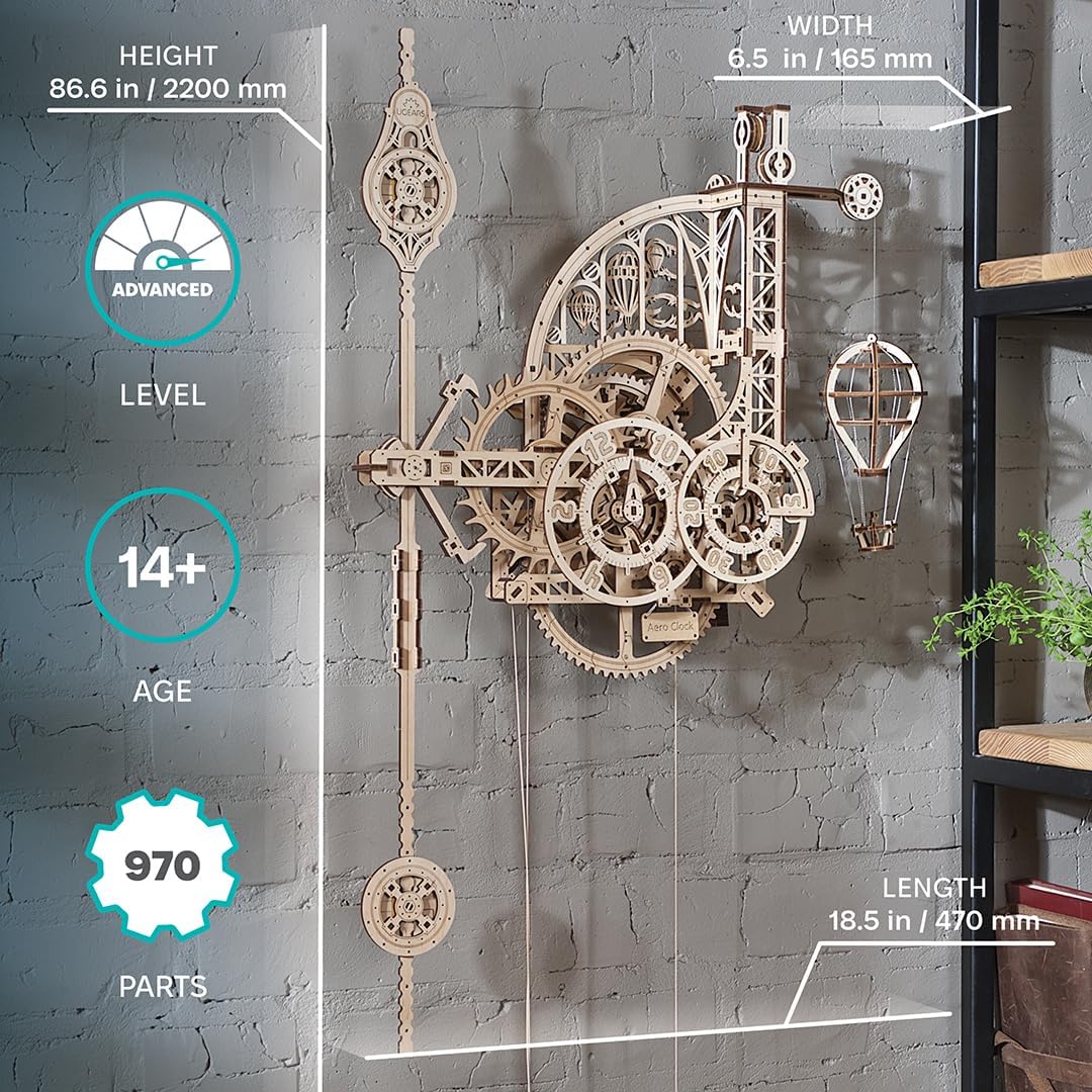 UGEARS Aero Clock: Wooden 3D Puzzle Kit for Adults – Gravity-Powered Wall Clock