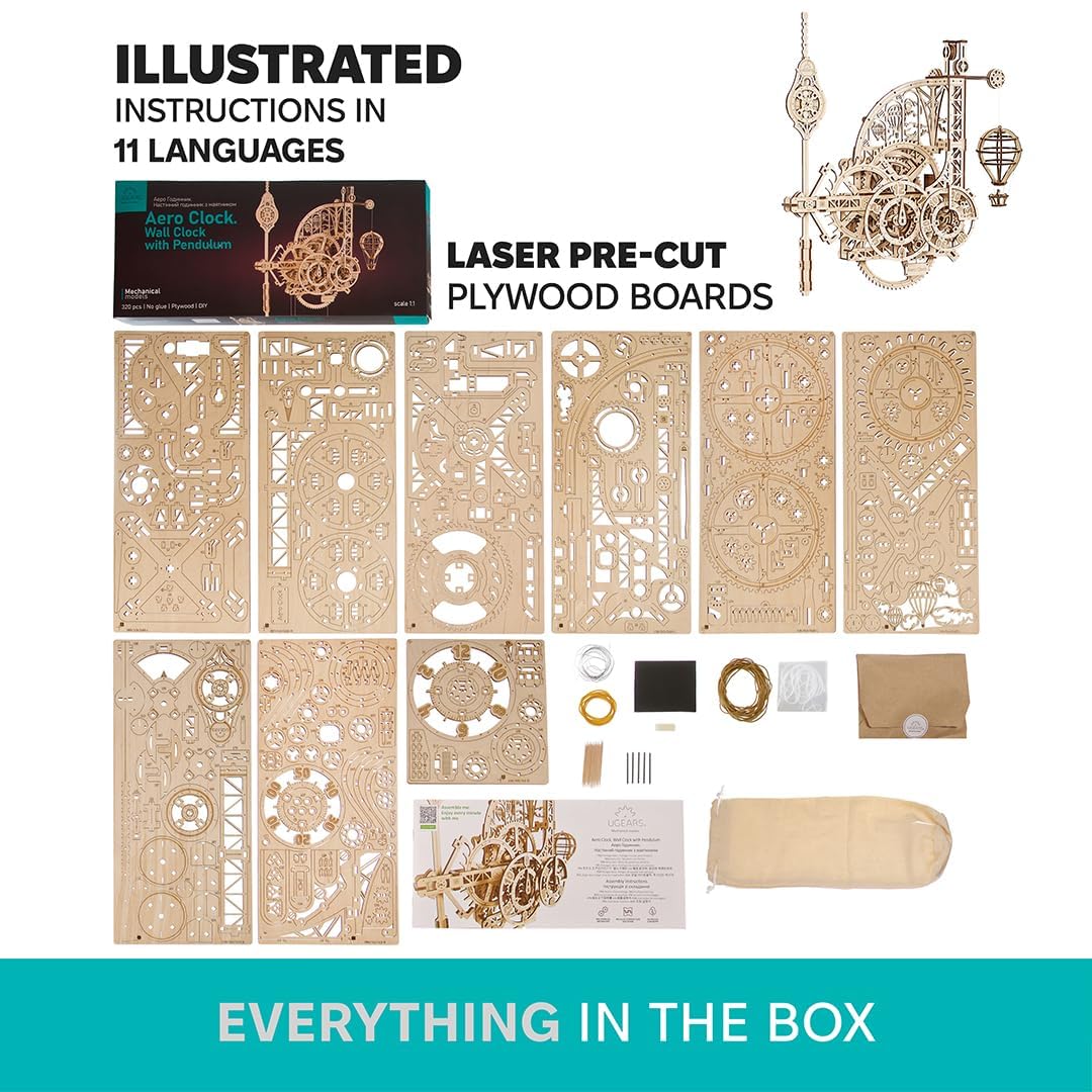 UGEARS Aero Clock: Wooden 3D Puzzle Kit for Adults – Gravity-Powered Wall Clock
