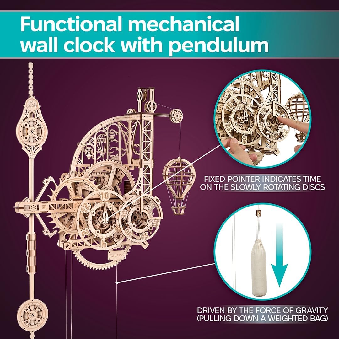 UGEARS Aero Clock: Wooden 3D Puzzle Kit for Adults – Gravity-Powered Wall Clock