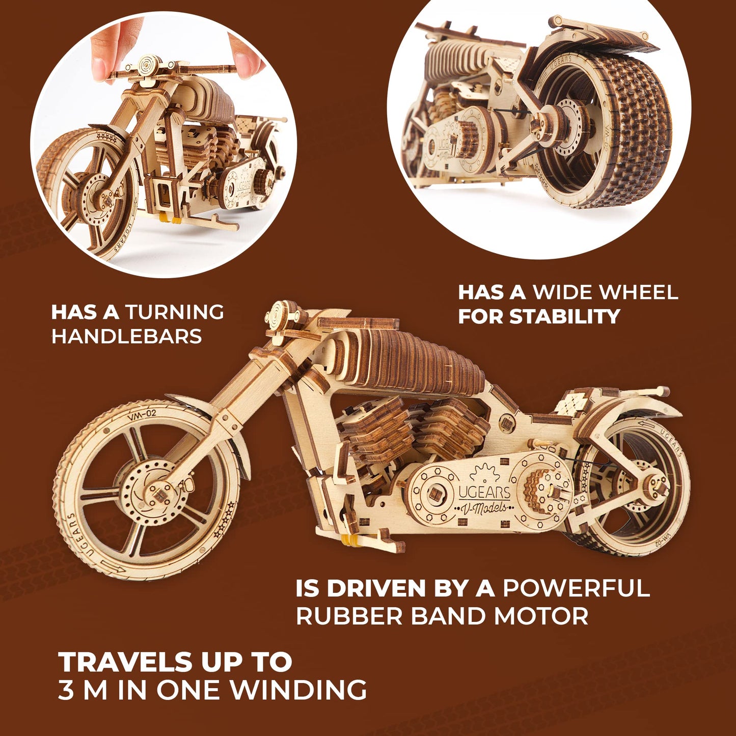 UGEARS Bike DIY Kit VM-02: Wooden Mechanical Motorcycle with Rubber Band Engine