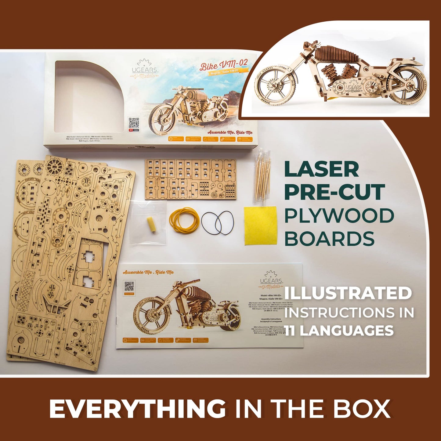 UGEARS Bike DIY Kit VM-02: Wooden Mechanical Motorcycle with Rubber Band Engine