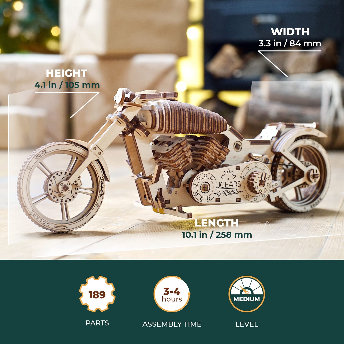 UGEARS Bike DIY Kit VM-02: Wooden Mechanical Motorcycle with Rubber Band Engine