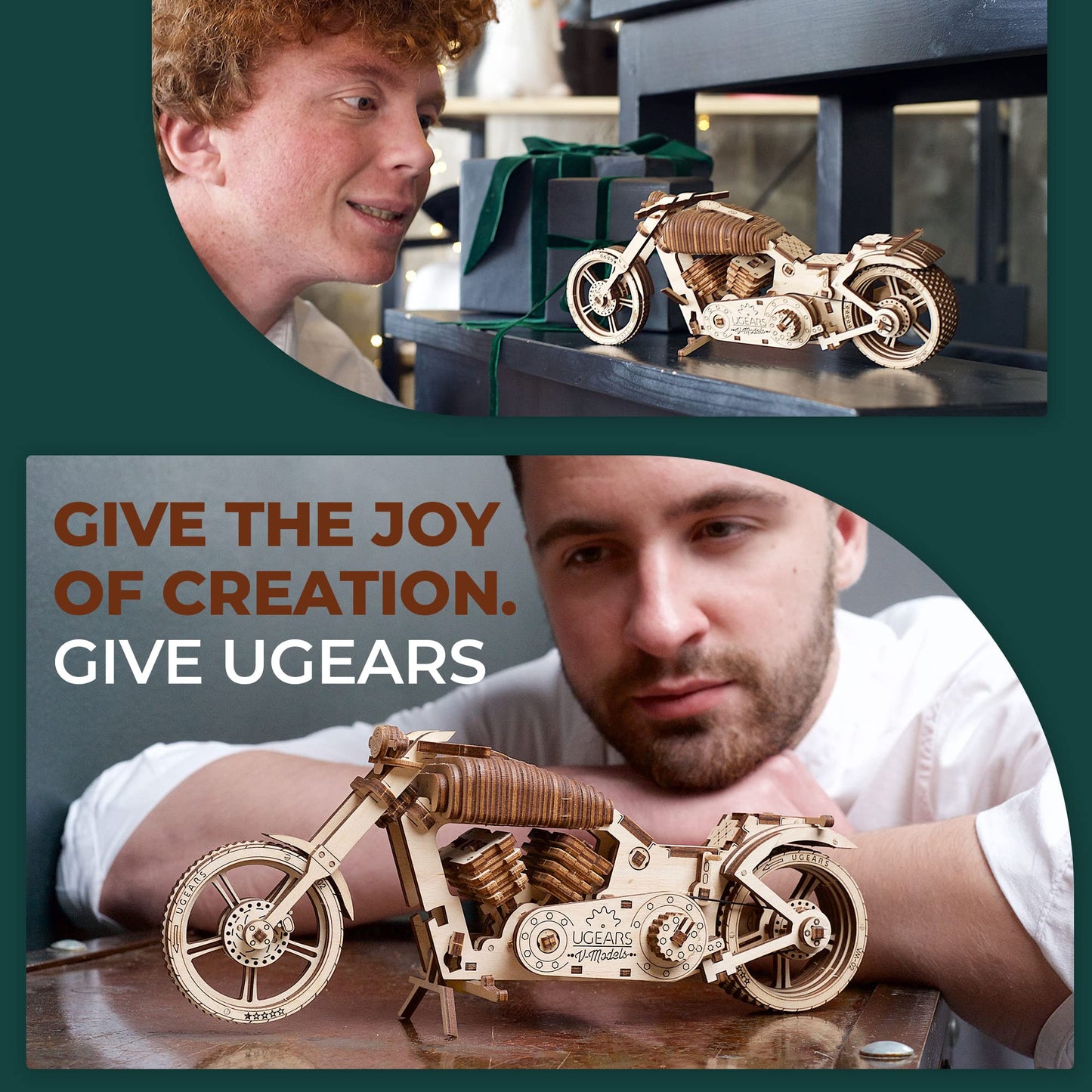 UGEARS Bike DIY Kit VM-02: Wooden Mechanical Motorcycle with Rubber Band Engine