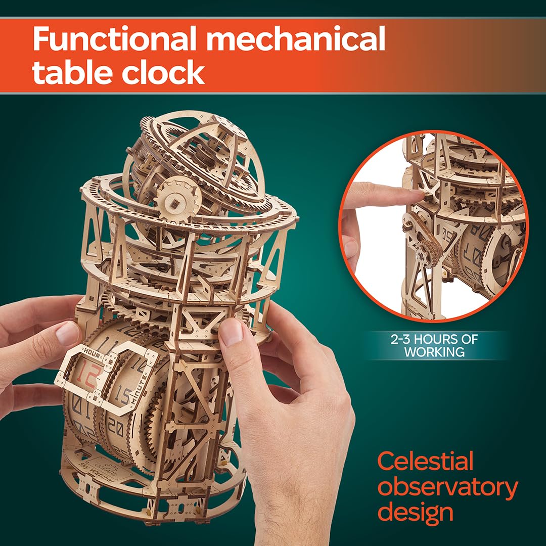 UGEARS Astronomer Table Clock with Tourbillon — 3D Wooden Puzzle Clock Kit for Adults