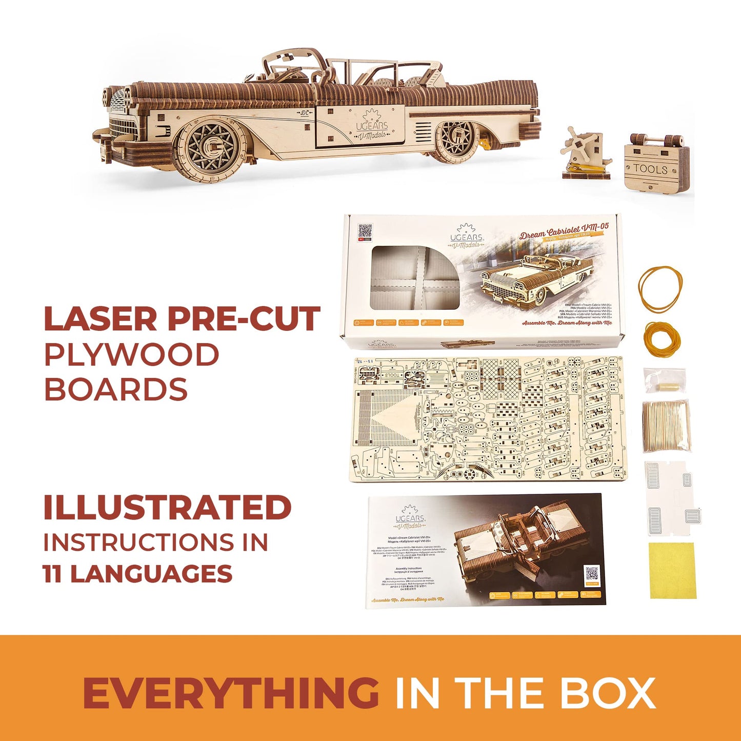 UGEARS Dream Cabriolet VM-05 – 3D Wooden Puzzle Car Kit for Adults (Retro 1950s Inspired)