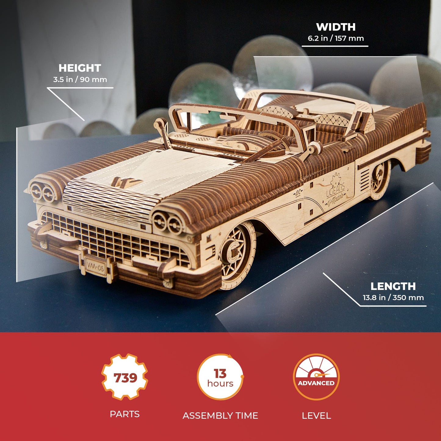 UGEARS Dream Cabriolet VM-05 – 3D Wooden Puzzle Car Kit for Adults (Retro 1950s Inspired)