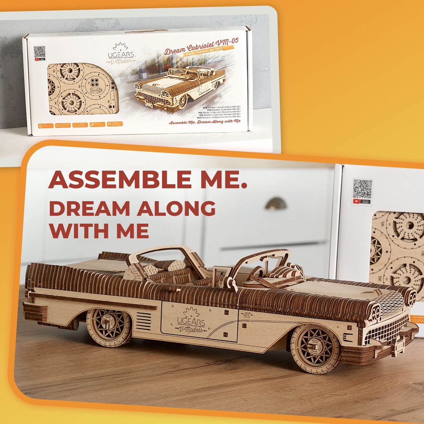 UGEARS Dream Cabriolet VM-05 – 3D Wooden Puzzle Car Kit for Adults (Retro 1950s Inspired)