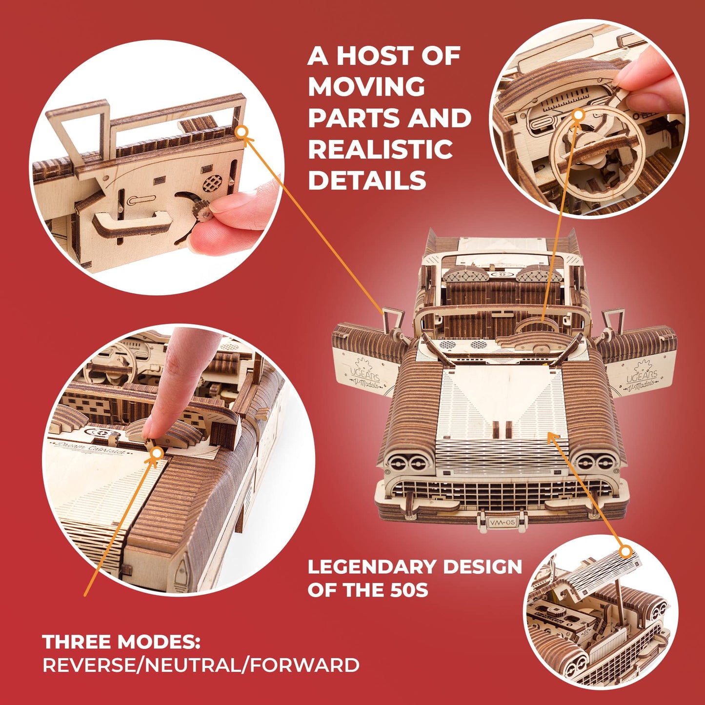 UGEARS Dream Cabriolet VM-05 – 3D Wooden Puzzle Car Kit for Adults (Retro 1950s Inspired)