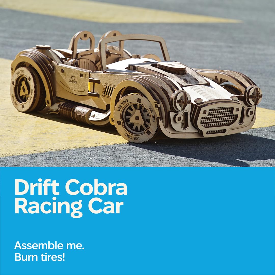 UGEARS Drift Cobra Racing Car Puzzle — 370-Piece Wooden 3D Model Kit with Spring Motor
