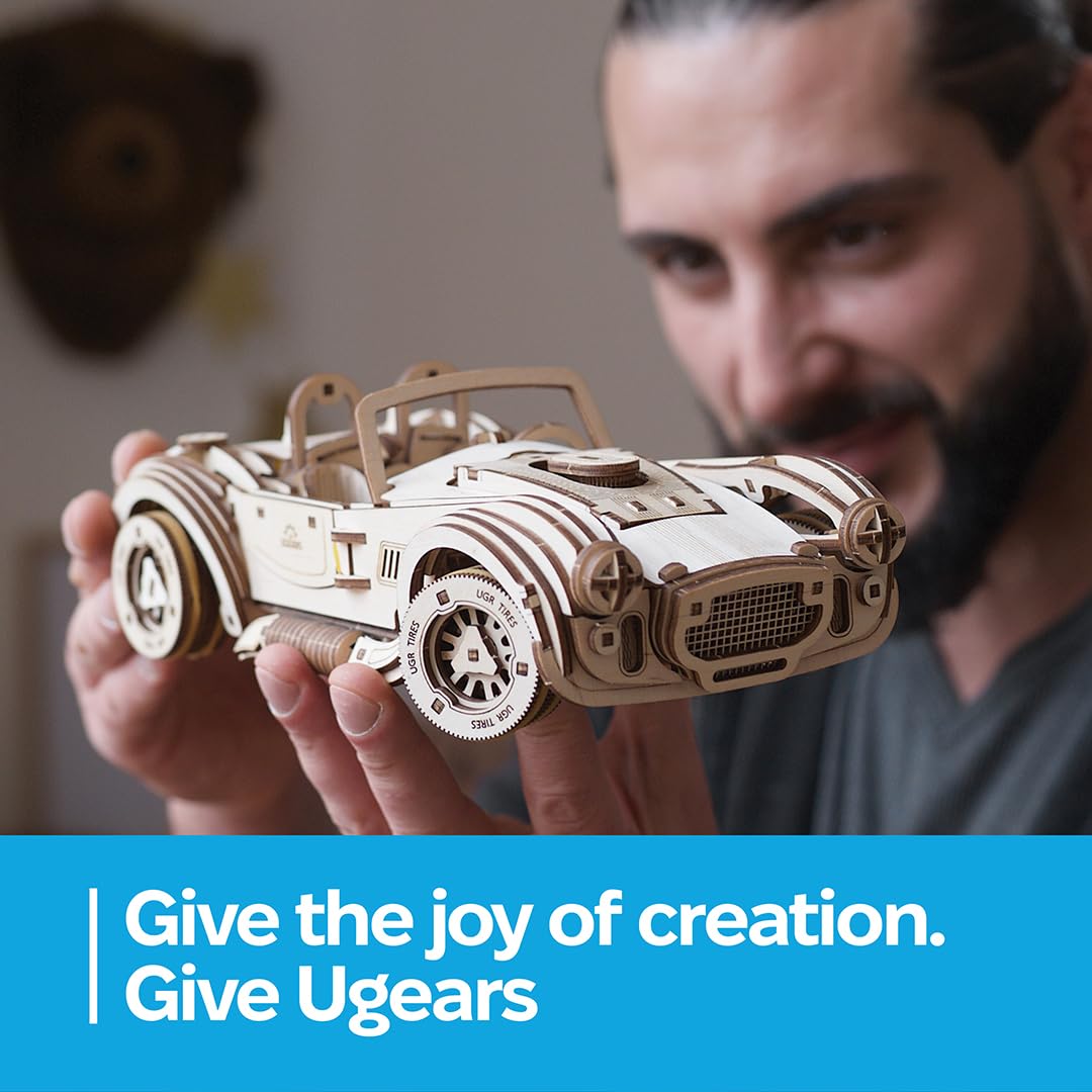 UGEARS Drift Cobra Racing Car Puzzle — 370-Piece Wooden 3D Model Kit with Spring Motor