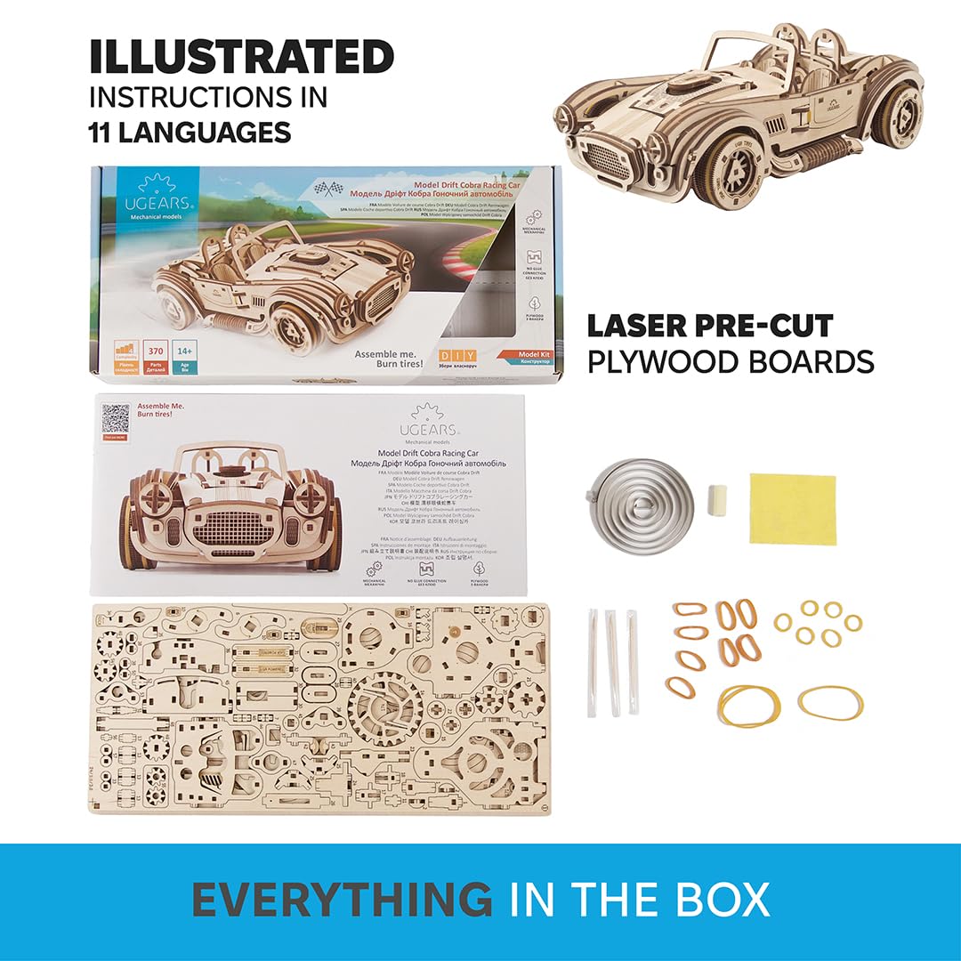 UGEARS Drift Cobra Racing Car Puzzle — 370-Piece Wooden 3D Model Kit with Spring Motor