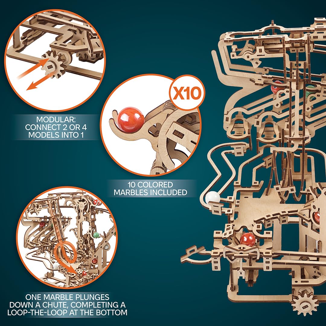UGEARS Marble Run Chain Hoist – 3D Wooden Puzzle for Adults, Mechanical Engineering Kit