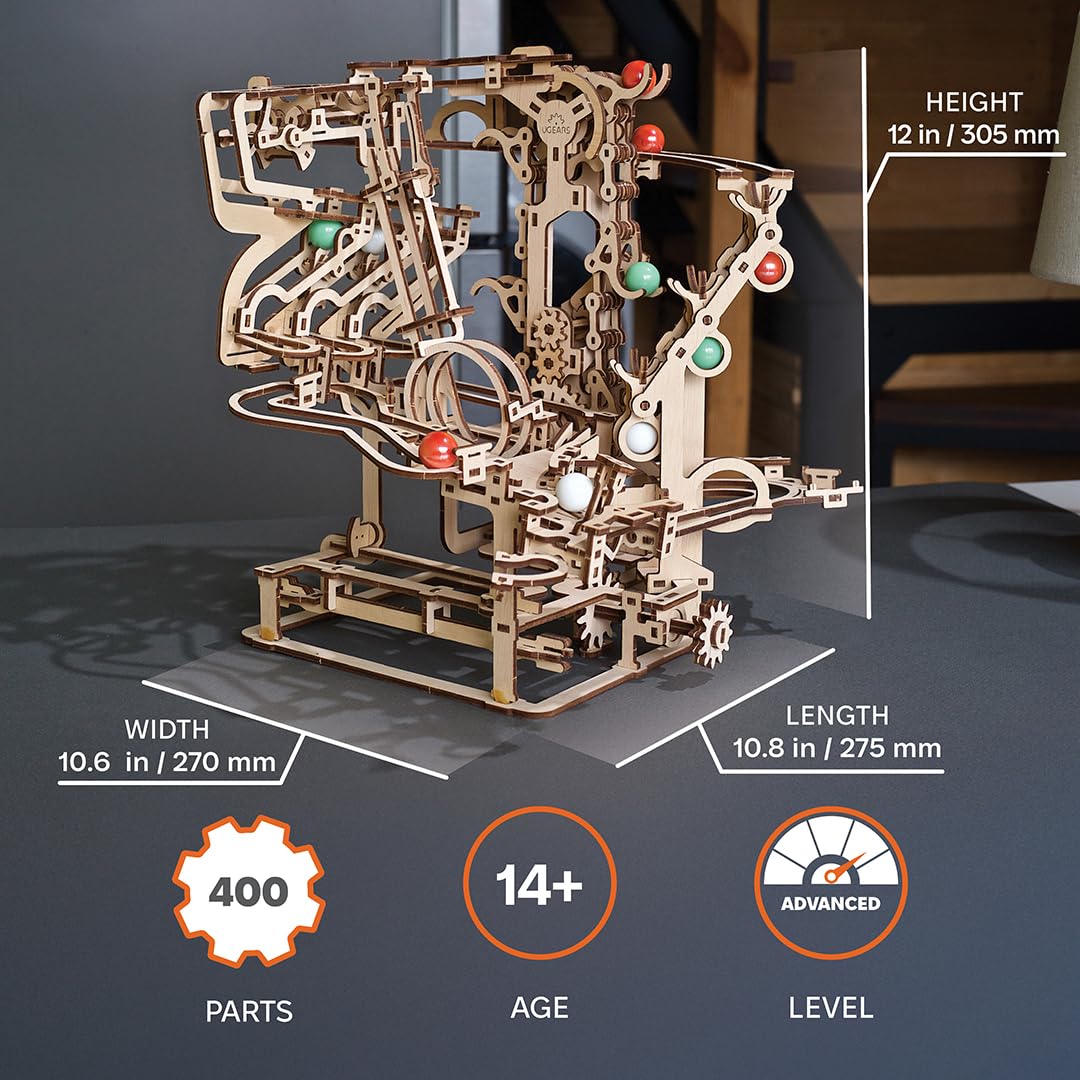 UGEARS Marble Run Chain Hoist – 3D Wooden Puzzle for Adults, Mechanical Engineering Kit