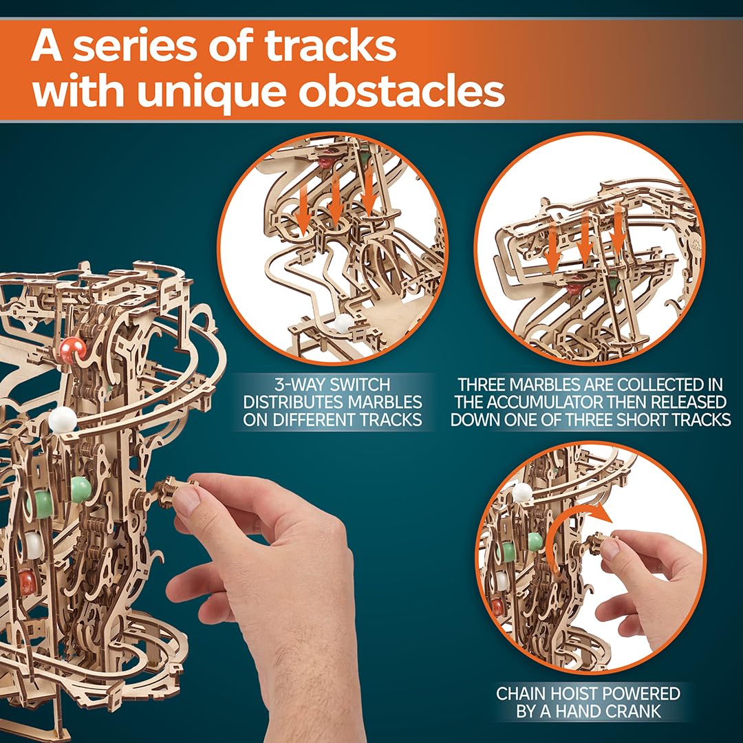 UGEARS Marble Run Chain Hoist – 3D Wooden Puzzle for Adults, Mechanical Engineering Kit