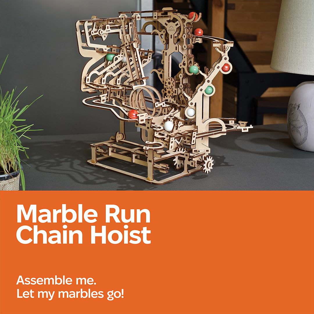 UGEARS Marble Run Chain Hoist – 3D Wooden Puzzle for Adults, Mechanical Engineering Kit
