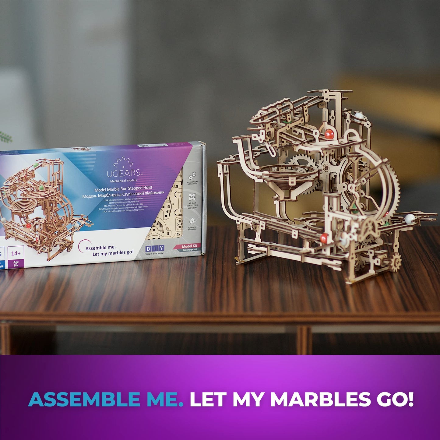 UGEARS Wooden Marble Run Stepped Hoist – 355-Piece Mechanical 3D Puzzle Kit for Adults