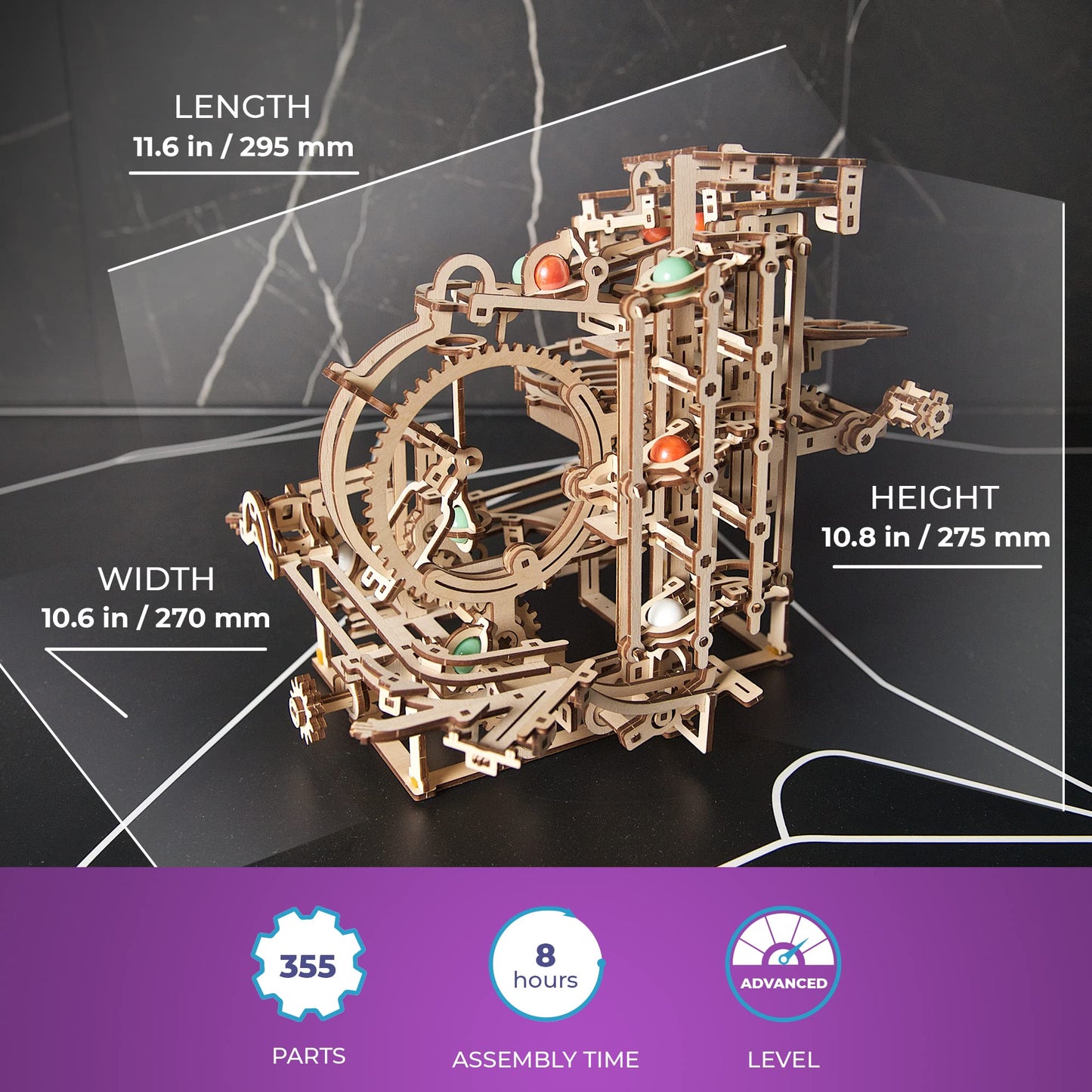 UGEARS Wooden Marble Run Stepped Hoist – 355-Piece Mechanical 3D Puzzle Kit for Adults