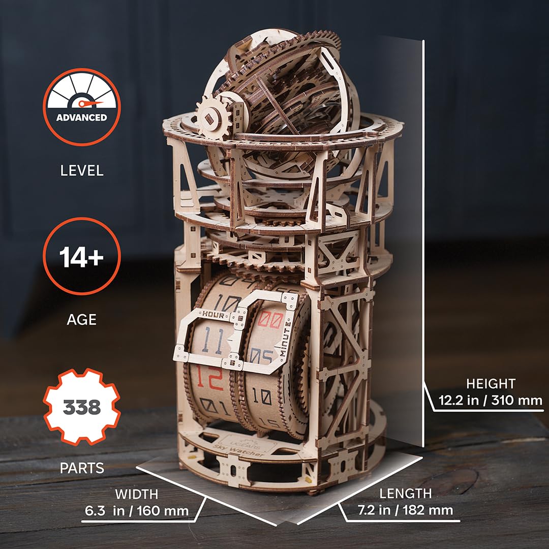 UGEARS Astronomer Table Clock with Tourbillon — 3D Wooden Puzzle Clock Kit for Adults