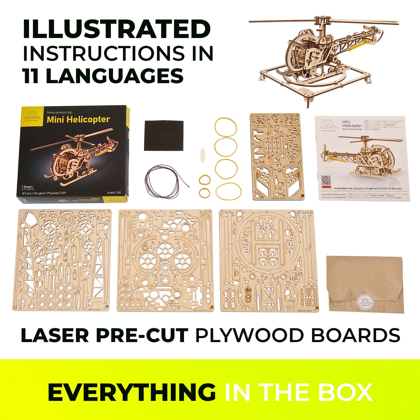 UGEARS Wooden 3D Puzzle – Easy Mini Helicopter Model Kit for Adults, 167 Pcs