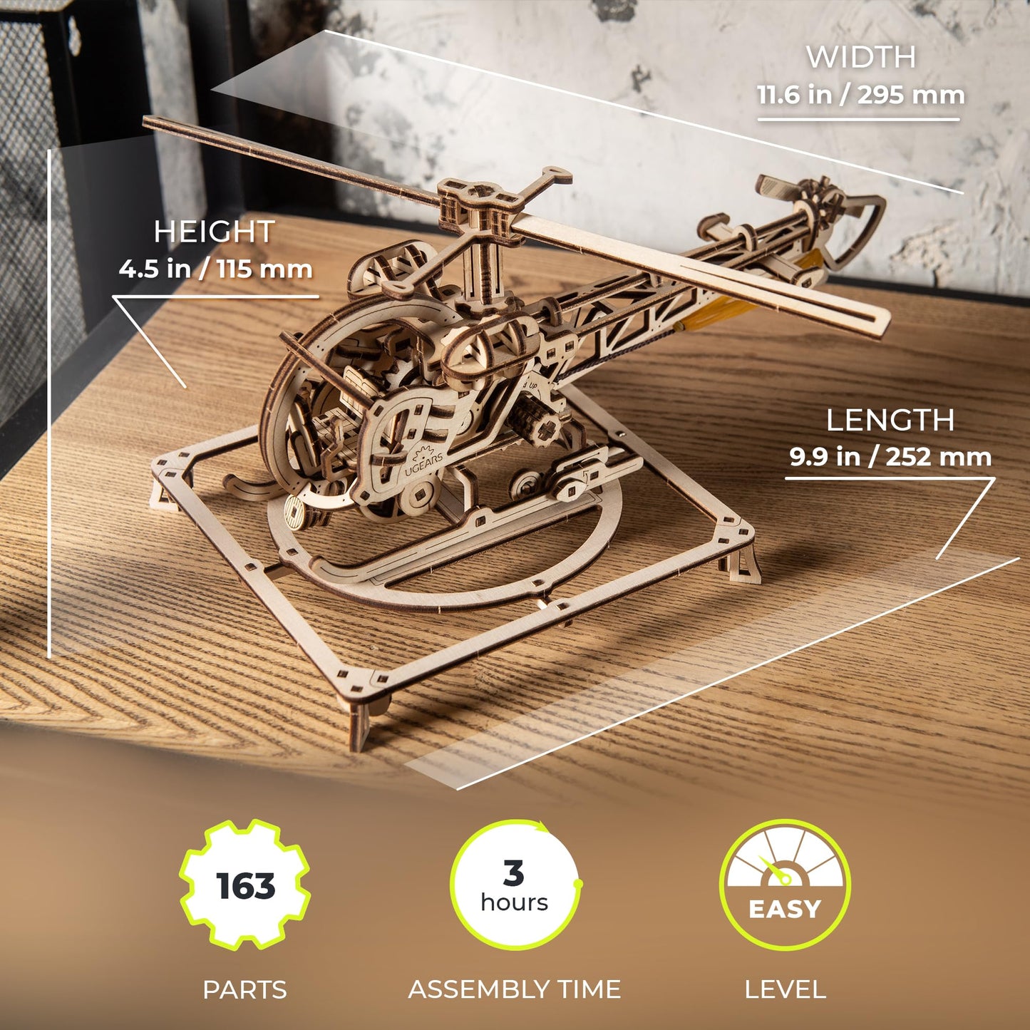 UGEARS Wooden 3D Puzzle – Easy Mini Helicopter Model Kit for Adults, 167 Pcs