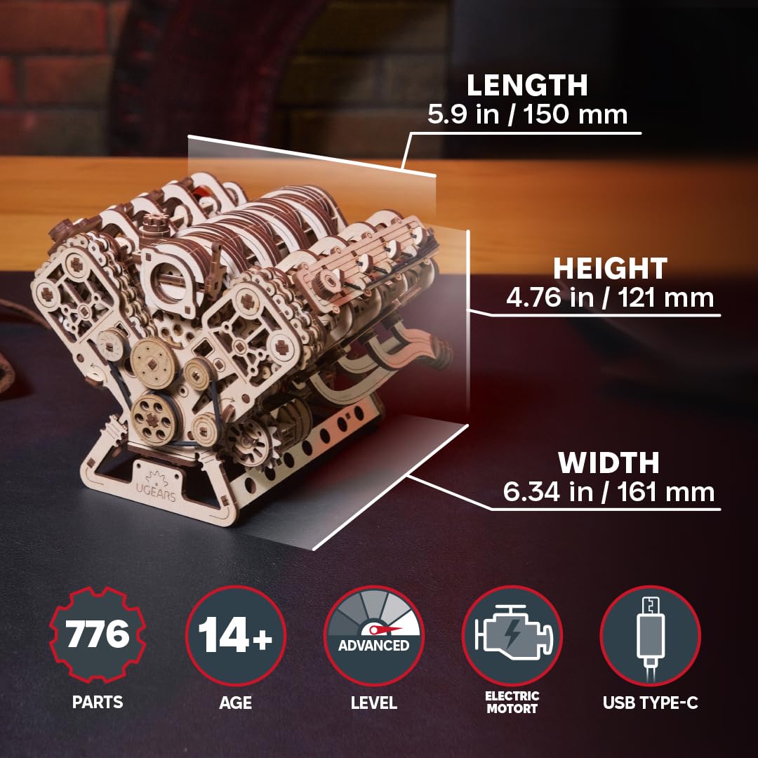 UGEARS V8 Engine Model Kit – 3D Wooden Puzzle for Adults | DIY Engine Model