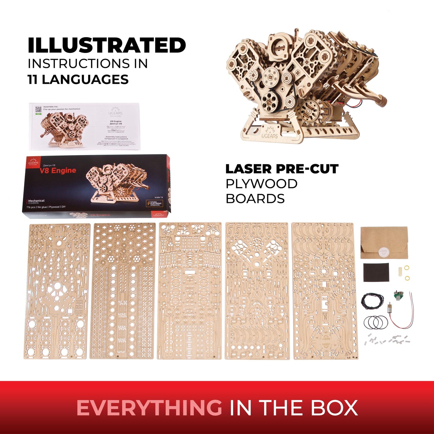 UGEARS V8 Engine Model Kit – 3D Wooden Puzzle for Adults | DIY Engine Model
