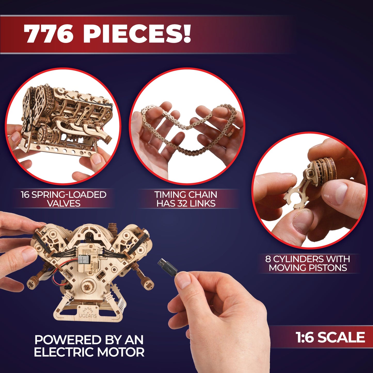 UGEARS V8 Engine Model Kit – 3D Wooden Puzzle for Adults | DIY Engine Model