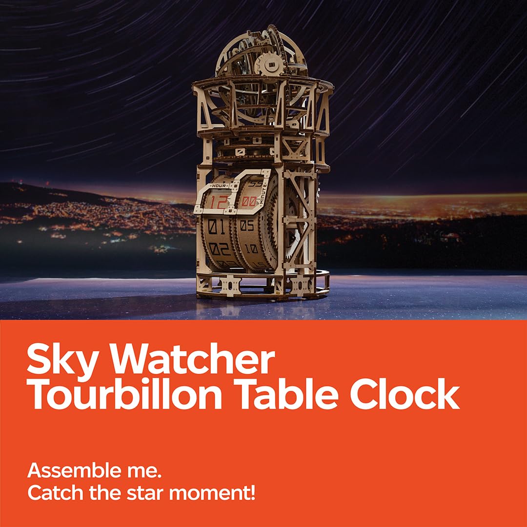 UGEARS Astronomer Table Clock with Tourbillon — 3D Wooden Puzzle Clock Kit for Adults