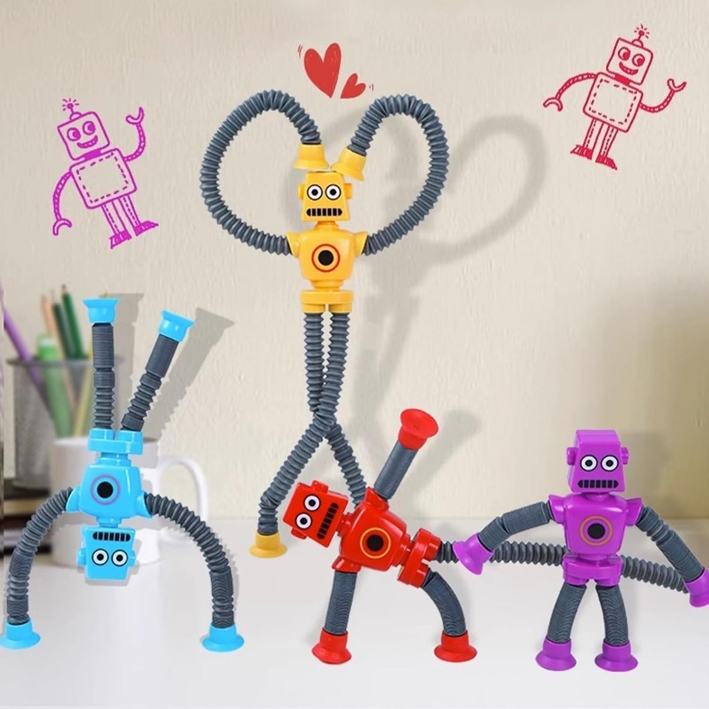 UGJ Robot Pop Tube Suction Cup Toys 4-Pack – Bendable Fidget for Travel, Sensory Play, Ages 3+