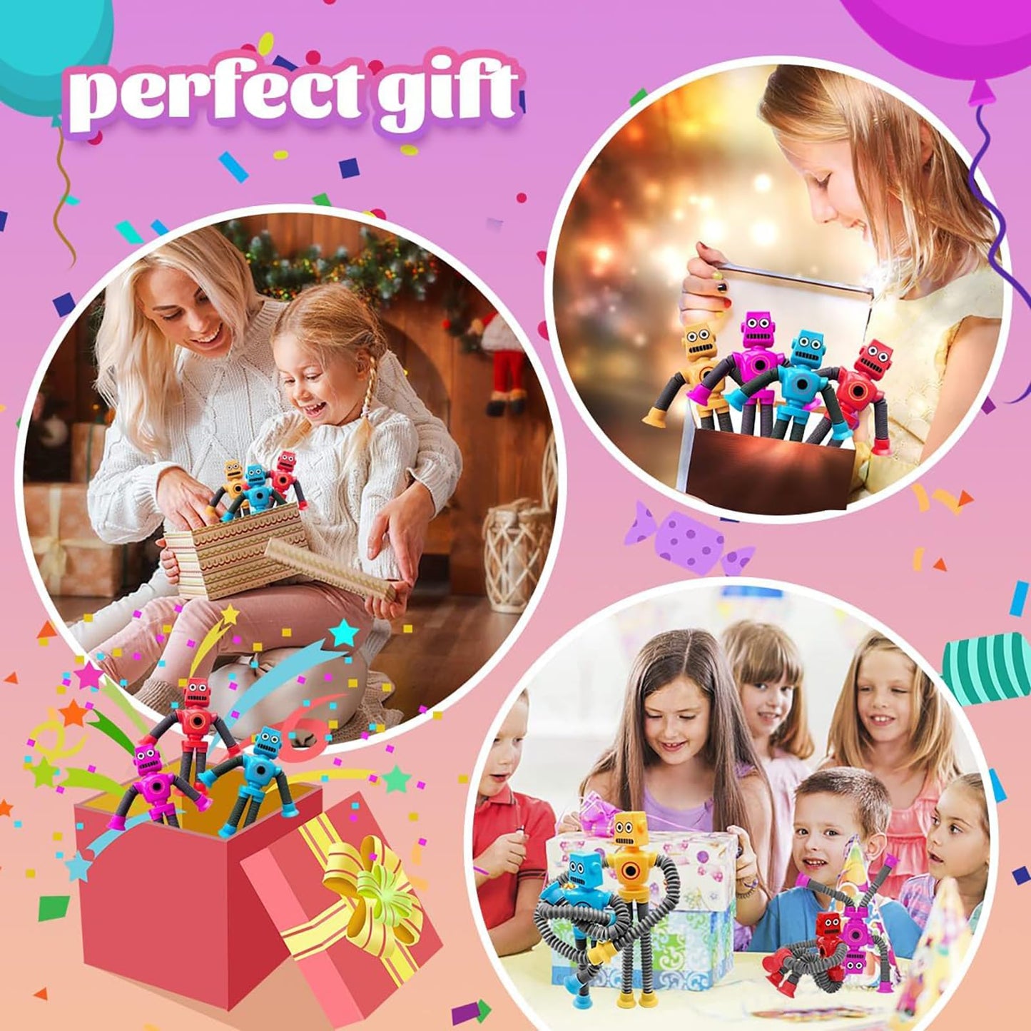 UGJ Robot Pop Tube Suction Cup Toys 4-Pack – Bendable Fidget for Travel, Sensory Play, Ages 3+