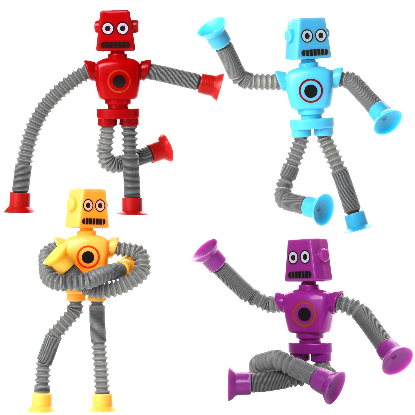 UGJ Robot Pop Tube Suction Cup Toys 4-Pack – Bendable Fidget for Travel, Sensory Play, Ages 3+