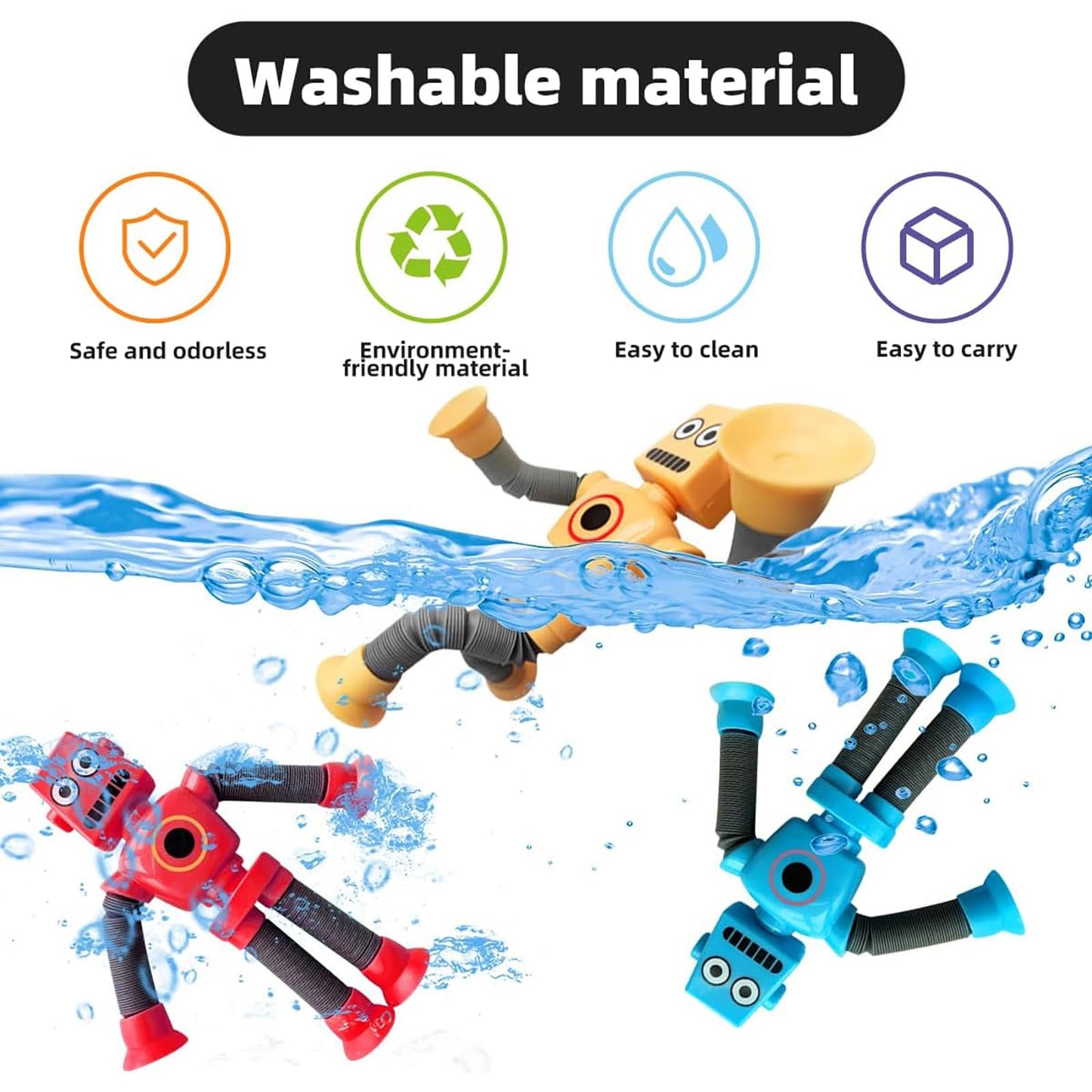 UGJ Robot Pop Tube Suction Cup Toys 4-Pack – Bendable Fidget for Travel, Sensory Play, Ages 3+