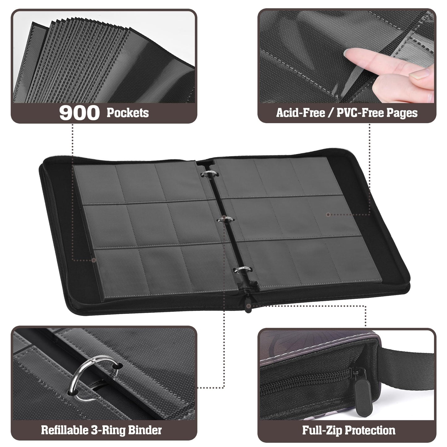 UGYAZX 9-Pocket Trading Card Binder—Holds 900 Cards, Water-Resistant PU Cover, 3-Ring Zipper Album