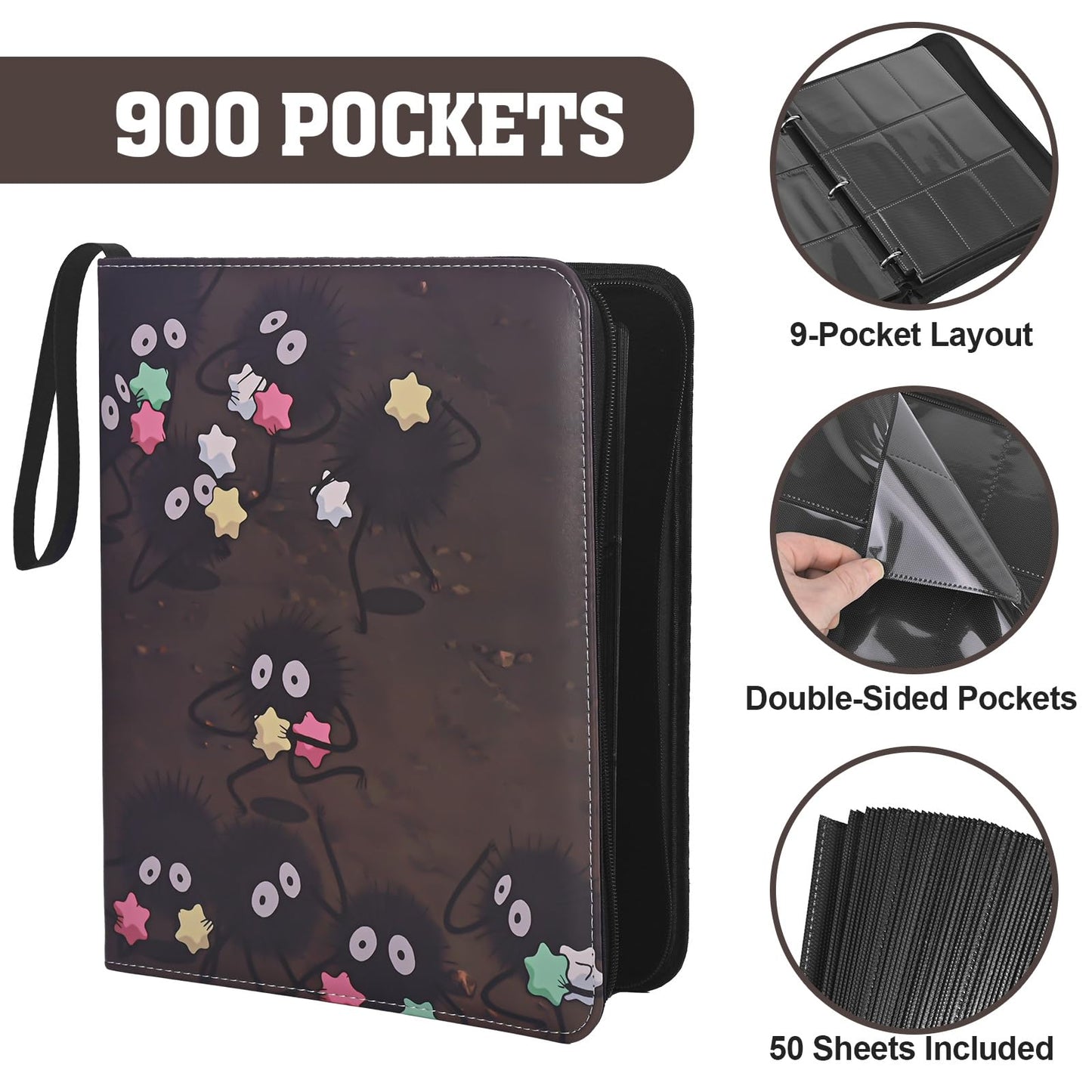 UGYAZX 9-Pocket Trading Card Binder—Holds 900 Cards, Water-Resistant PU Cover, 3-Ring Zipper Album