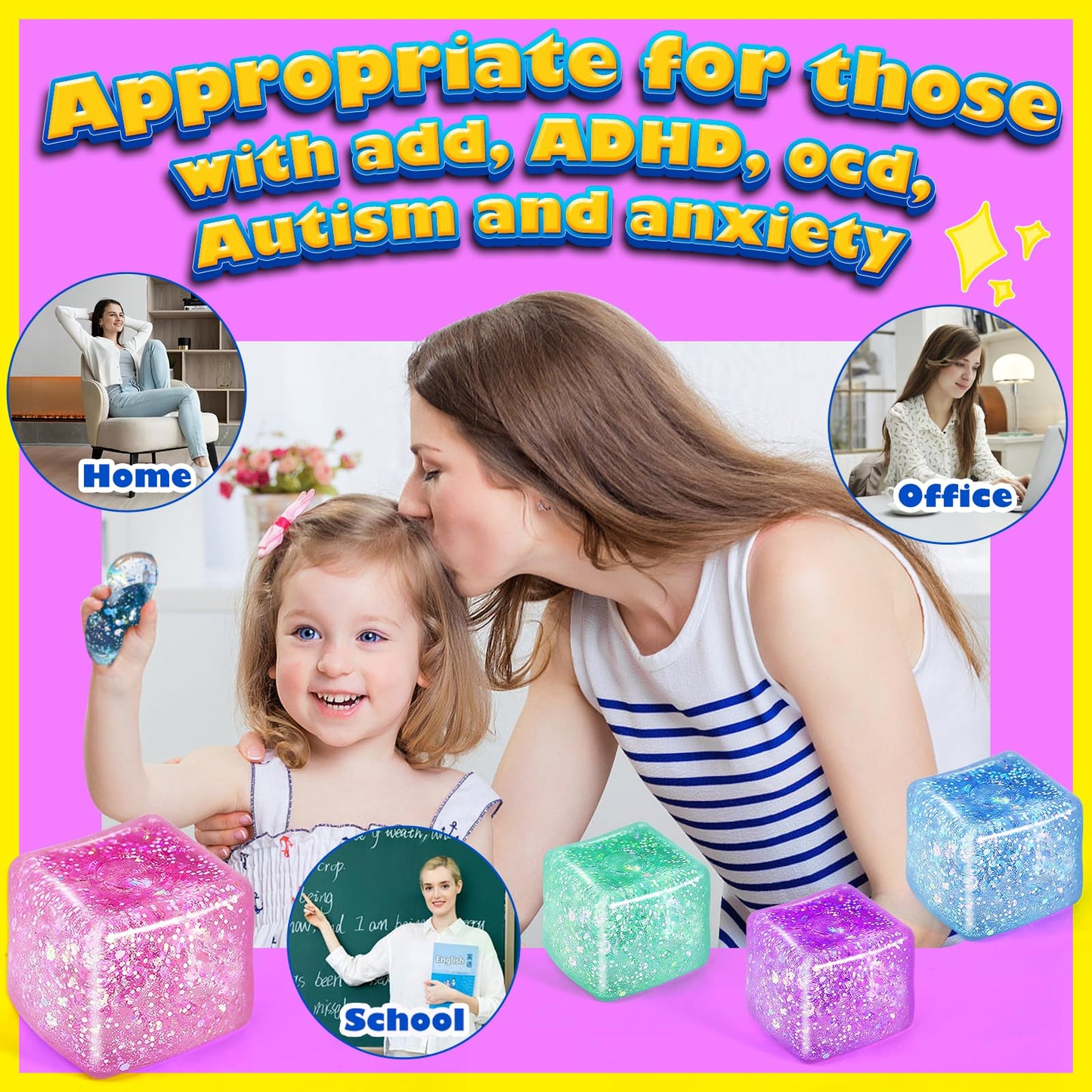 UGYWI Squishy Fidget Cube 4 Pack – Large 2.16'' Sensory Squeeze Toys for Kids & Adults